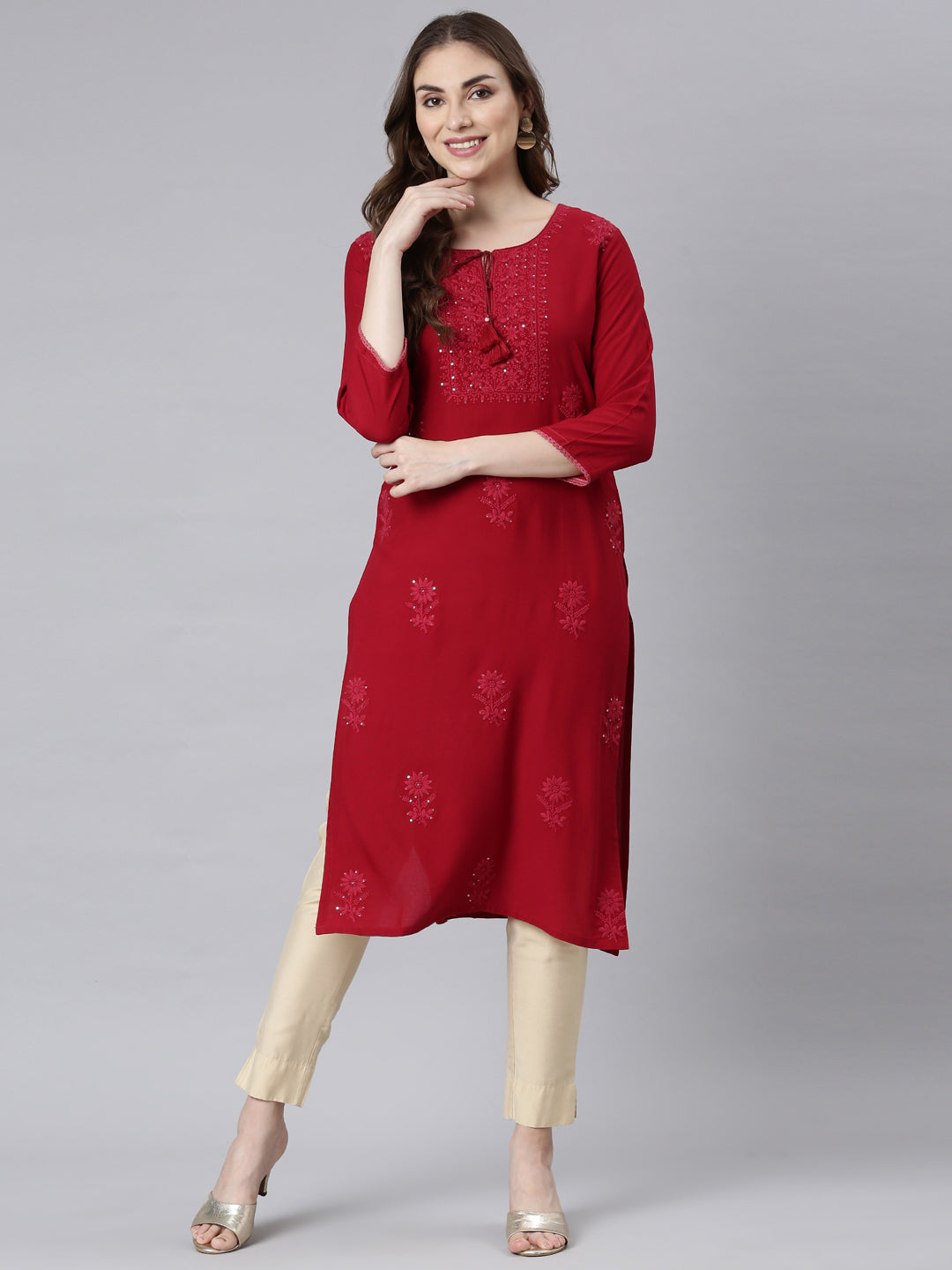 Neerus Maroon embellished straight panelled kurti - detail view 2