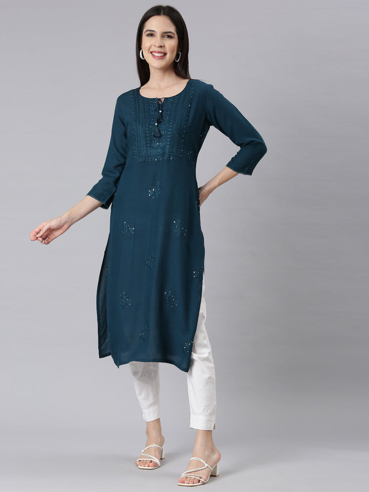Neerus Blue embellished straight kurti peacock panelled - front view