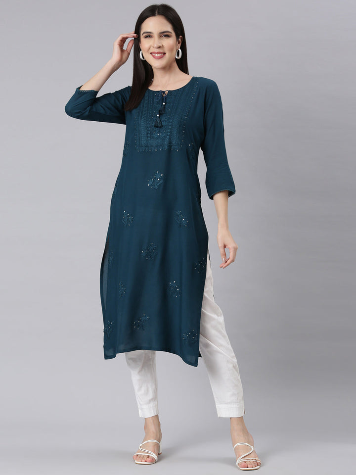 Neerus Blue embellished straight kurti peacock panelled - detail view 1