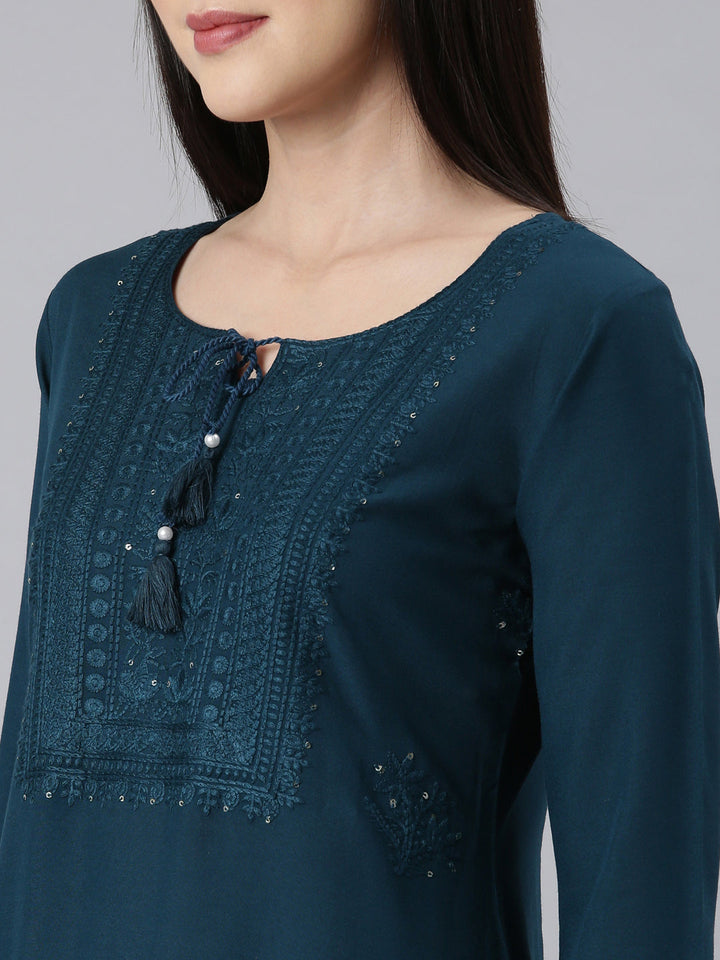 Neerus Blue embellished straight kurti peacock panelled - detail view 2