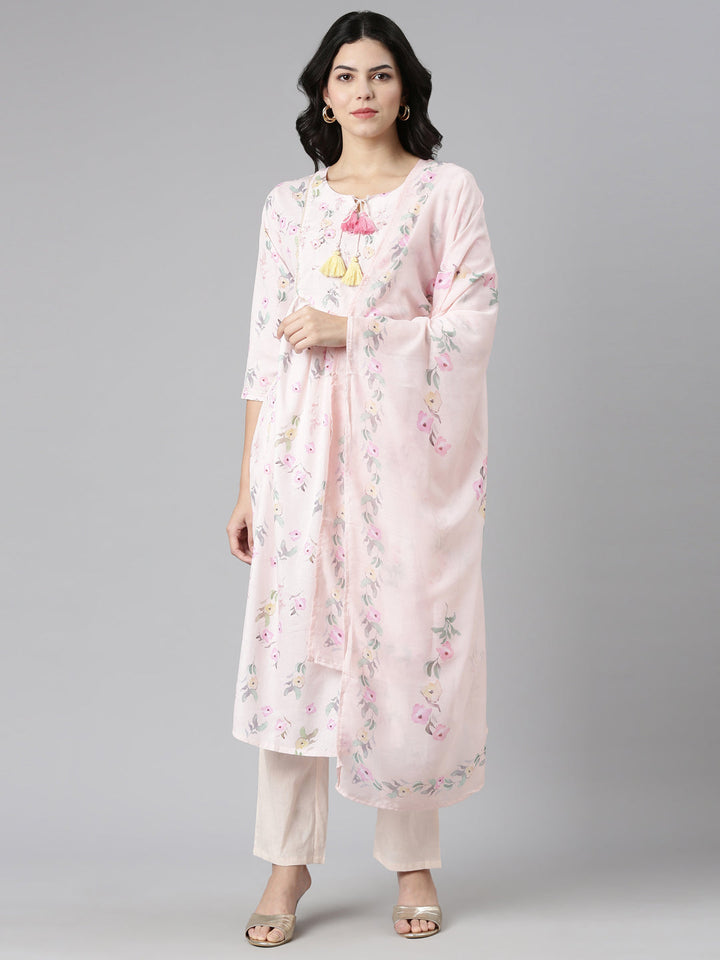 Neerus Orange printed straight kurta set with dupatta - front view