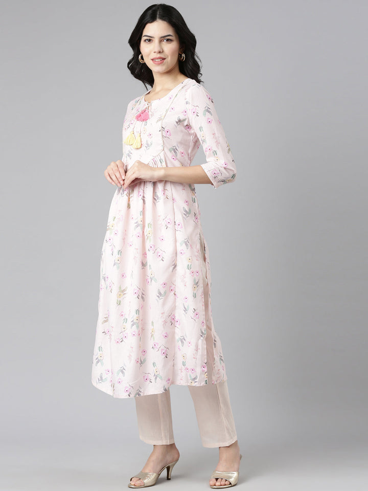Neerus Orange printed straight kurta set with dupatta - back view