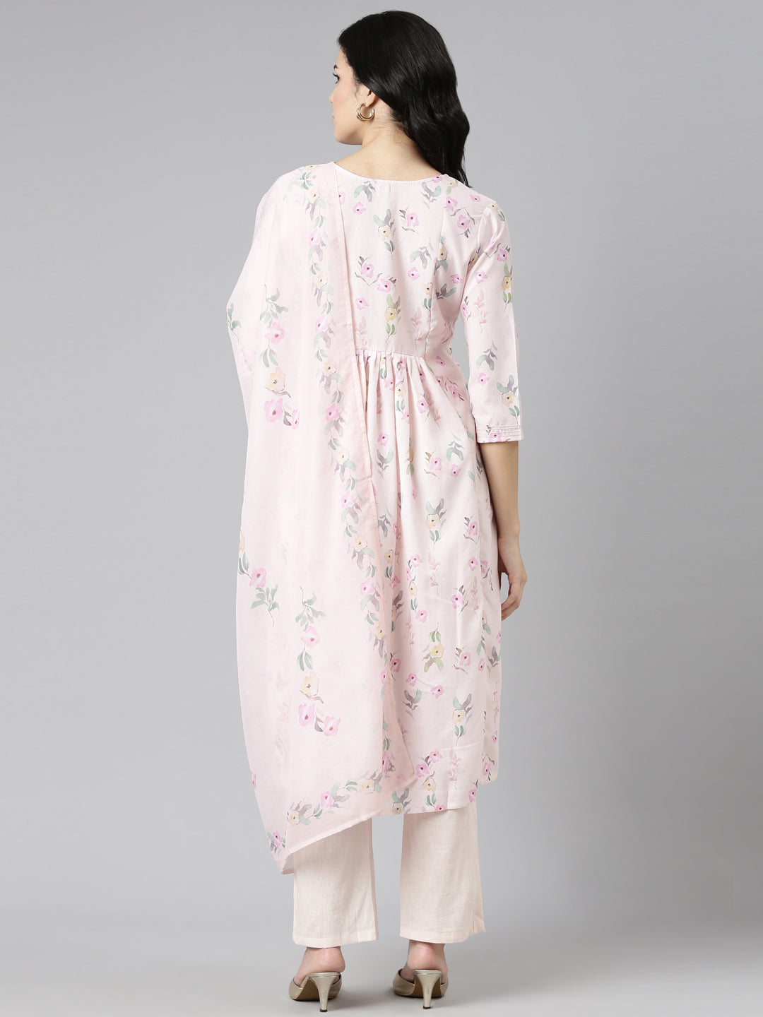 Neerus Orange printed straight kurta set with dupatta - side view