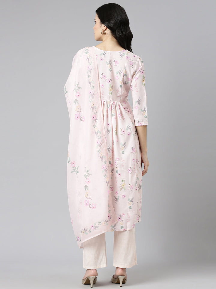 Neerus Orange printed straight kurta set with dupatta - side view
