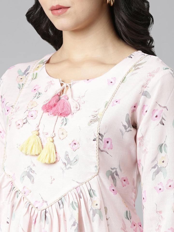 Neerus Orange printed straight kurta set with dupatta - detail view 1