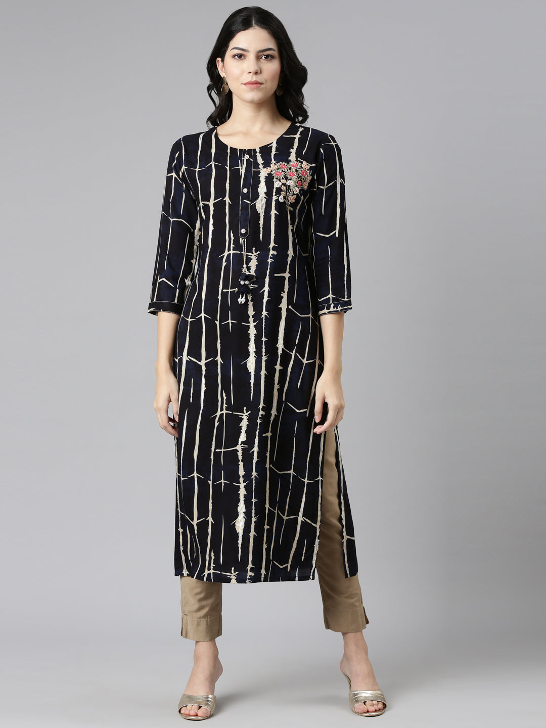 Neerus Blue printed straight kurti - front view