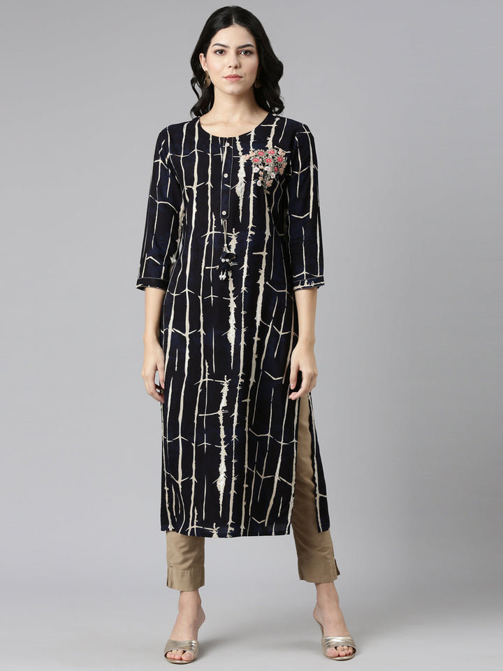Neerus Blue printed straight kurti - front view
