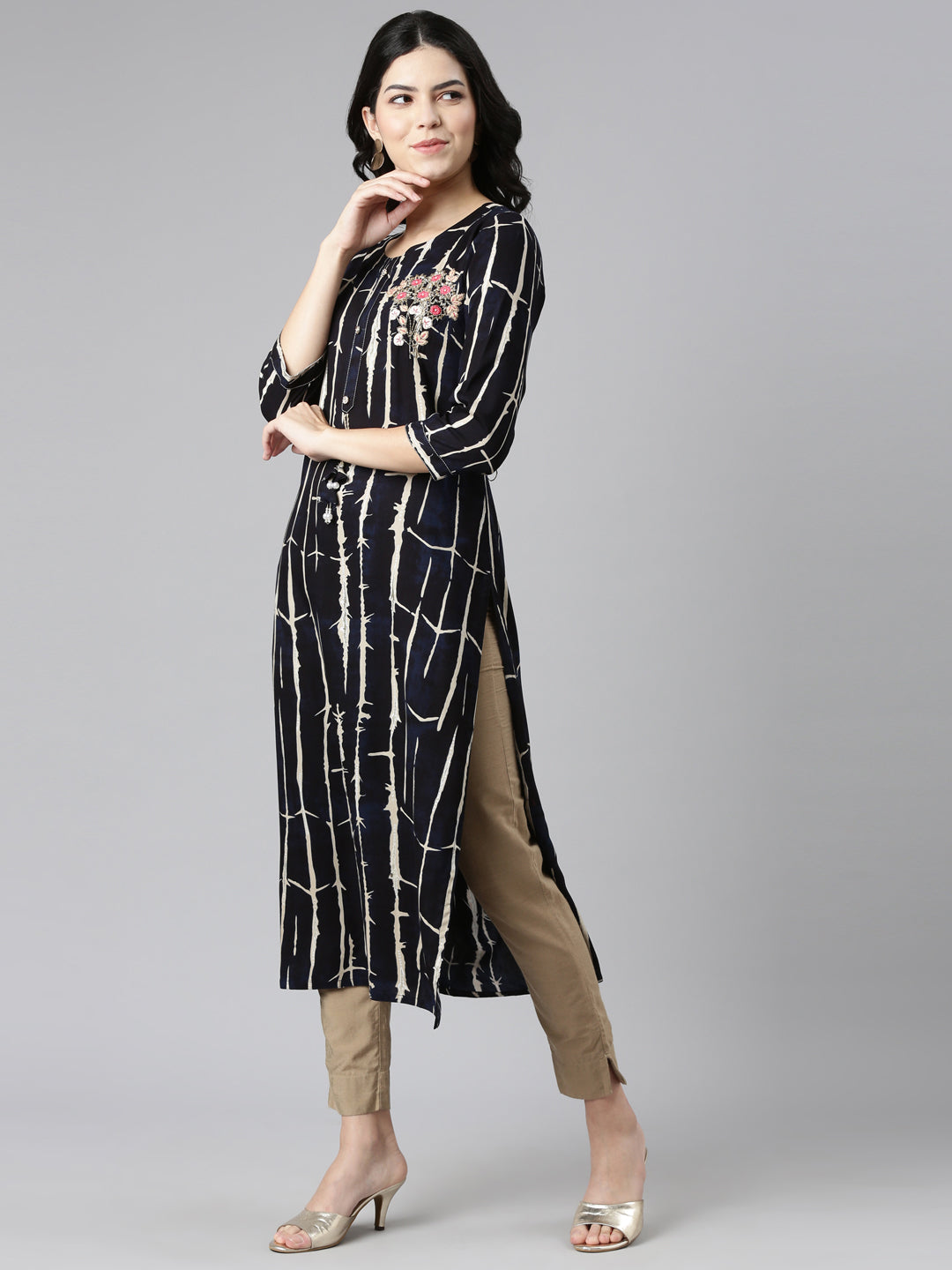 Neerus Blue printed straight kurti - back view