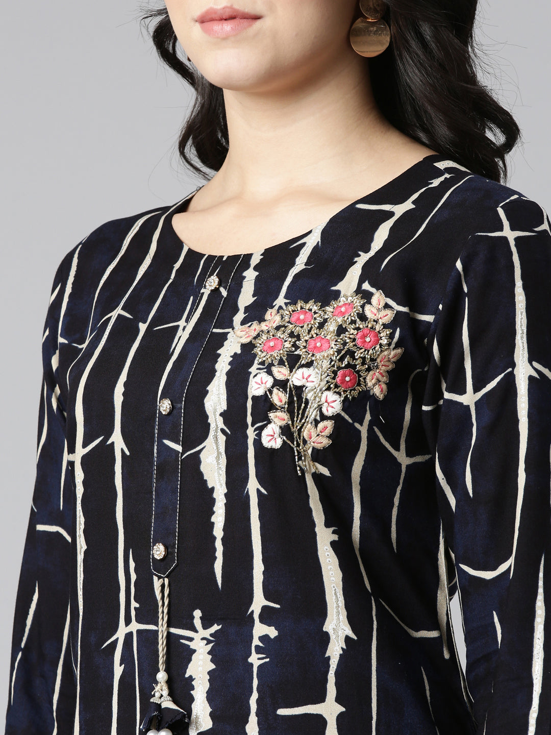Neerus Blue printed straight kurti - detail view 1
