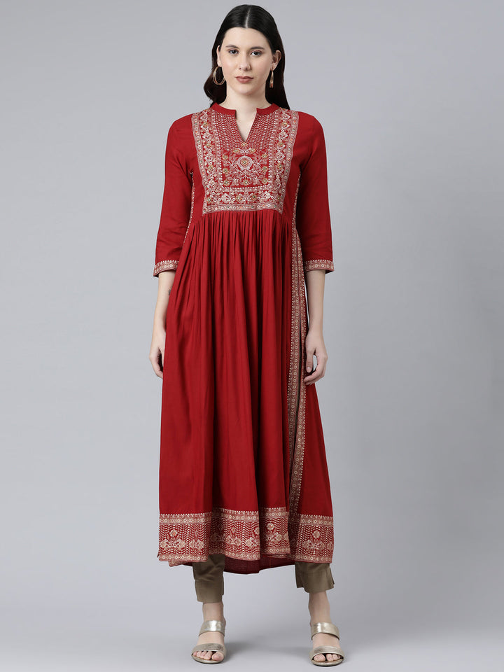 Neerus Red floral printed anarkali kurta - front view