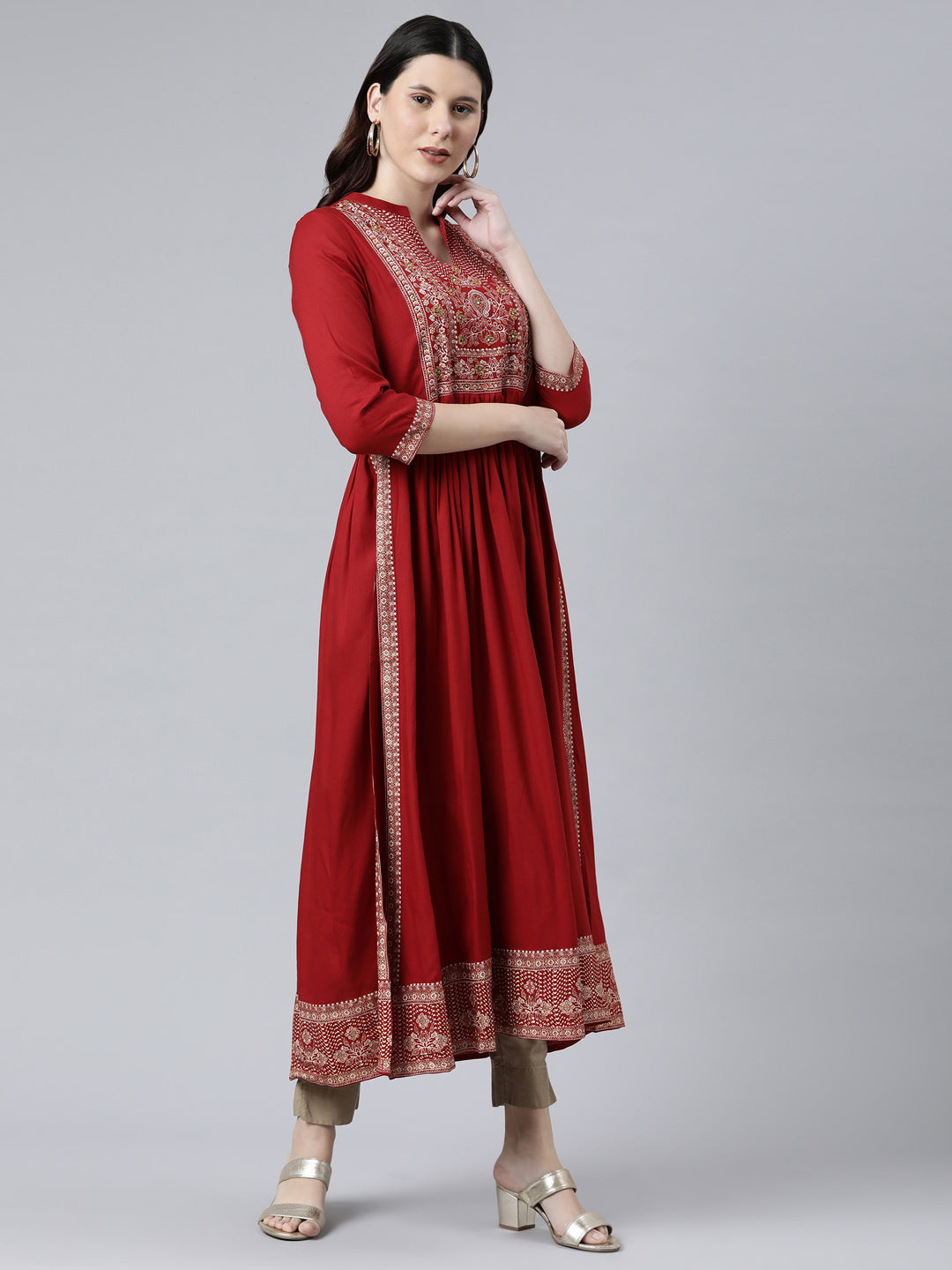 Neerus Red floral printed anarkali kurta - side view
