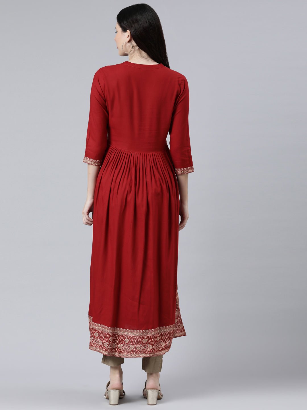 Neerus Red floral printed anarkali kurta - detail view 1