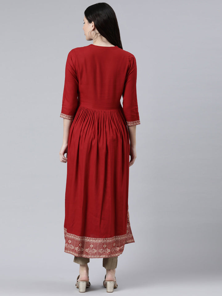 Neerus Red floral printed anarkali kurta - detail view 1