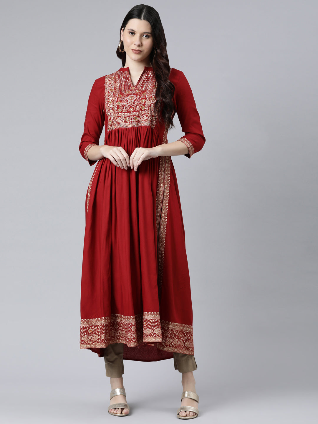 Neerus Red floral printed anarkali kurta - detail view 3