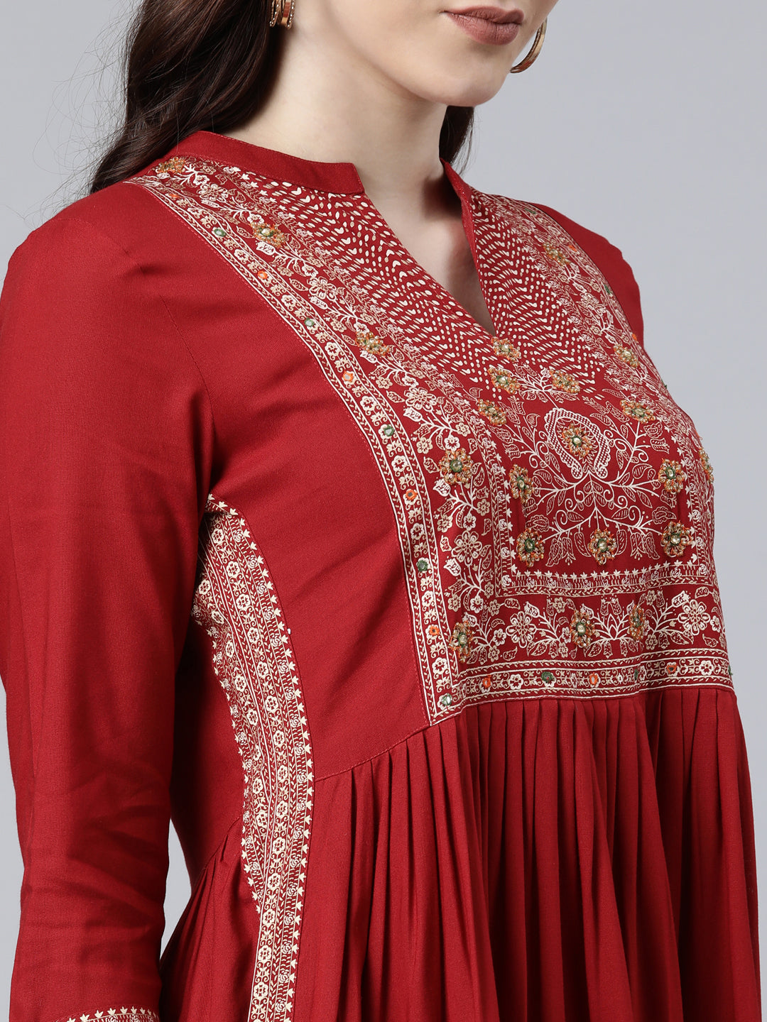 Neerus Red floral printed anarkali kurta - detail view 2