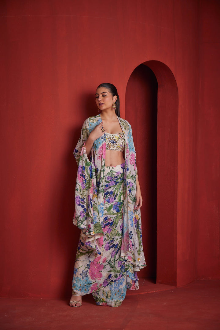 Neerus White crepe fusion co-ord set - front view