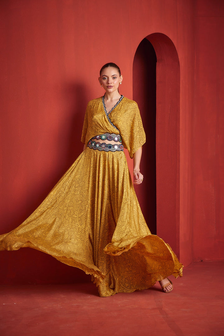 Neerus Yellow Georgette Co-Ord Set fusion suit - back view