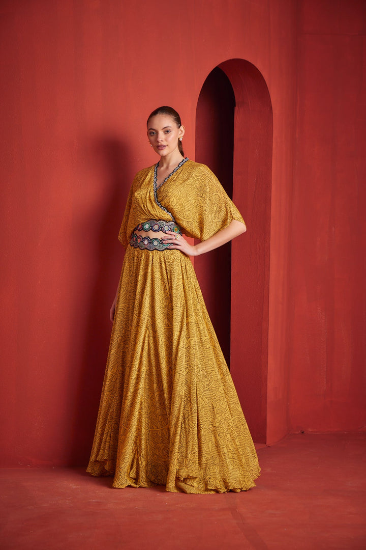 Neerus Yellow Georgette Co-Ord Set fusion suit - side view