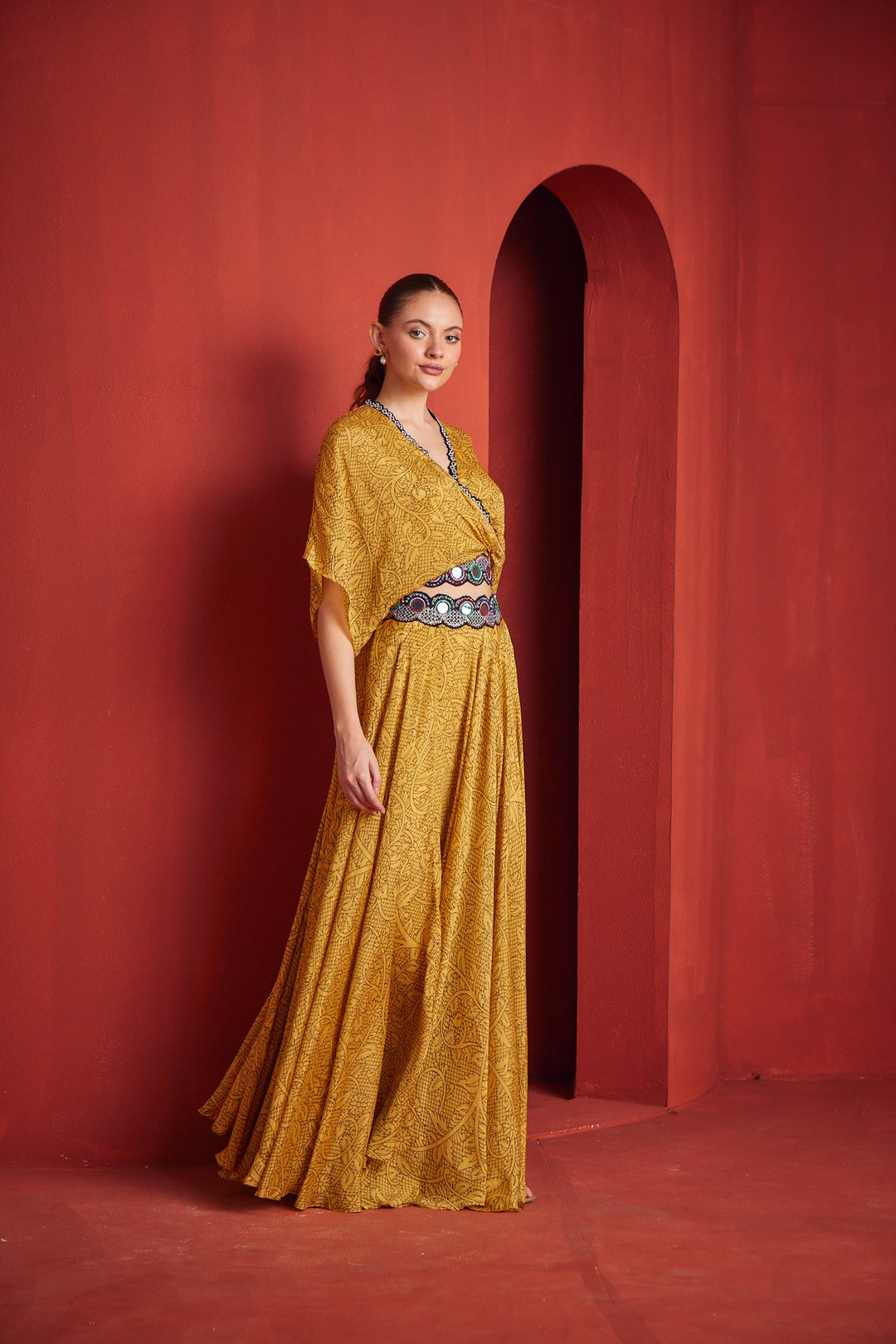Neerus Yellow Georgette Co-Ord Set fusion suit - detail view 1