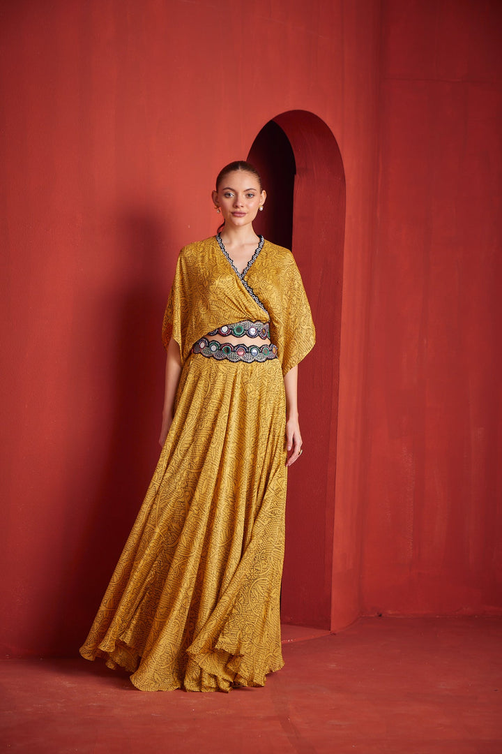Neerus Yellow Georgette Co-Ord Set fusion suit - front view