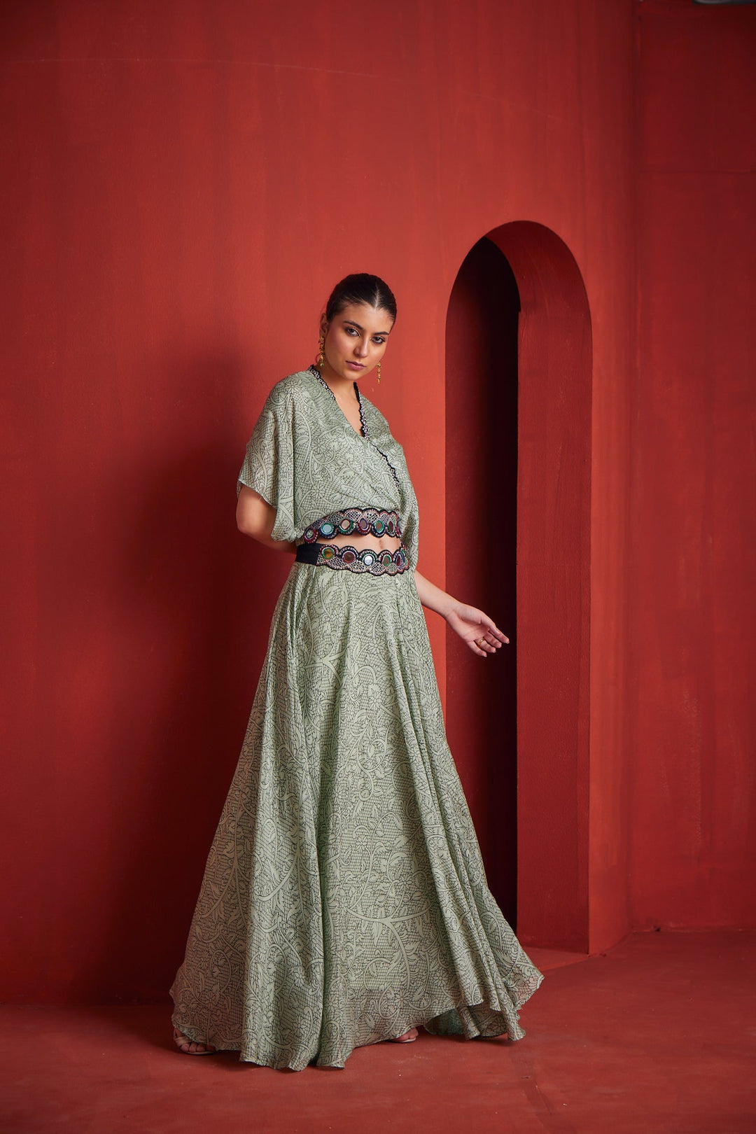 Neerus Green Georgette Co-Ord Set Fusion Wear - back view