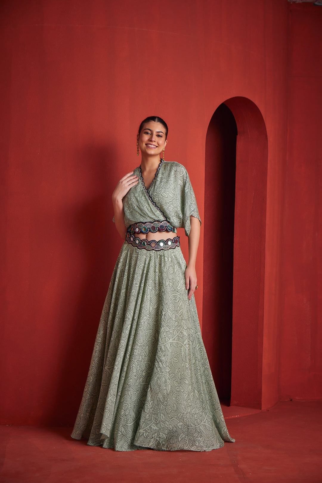 Neerus Green Georgette Co-Ord Set Fusion Wear - side view