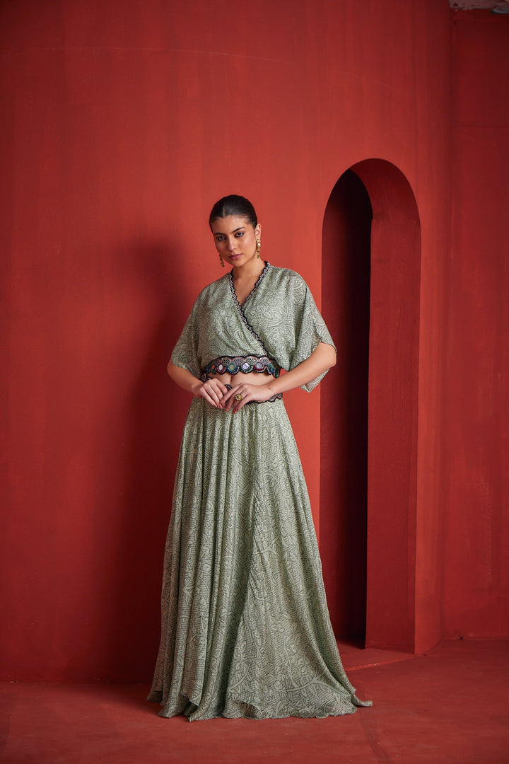 Neerus Green Georgette Co-Ord Set Fusion Wear - front view