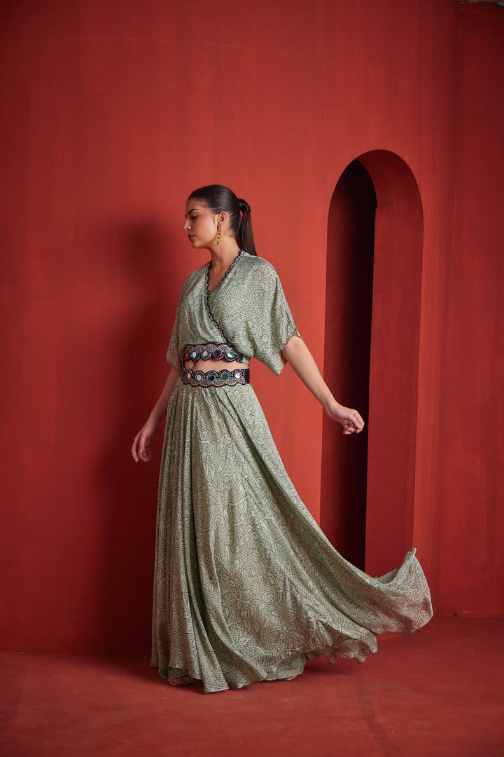Neerus Green Georgette Co-Ord Set Fusion Wear - detail view 1