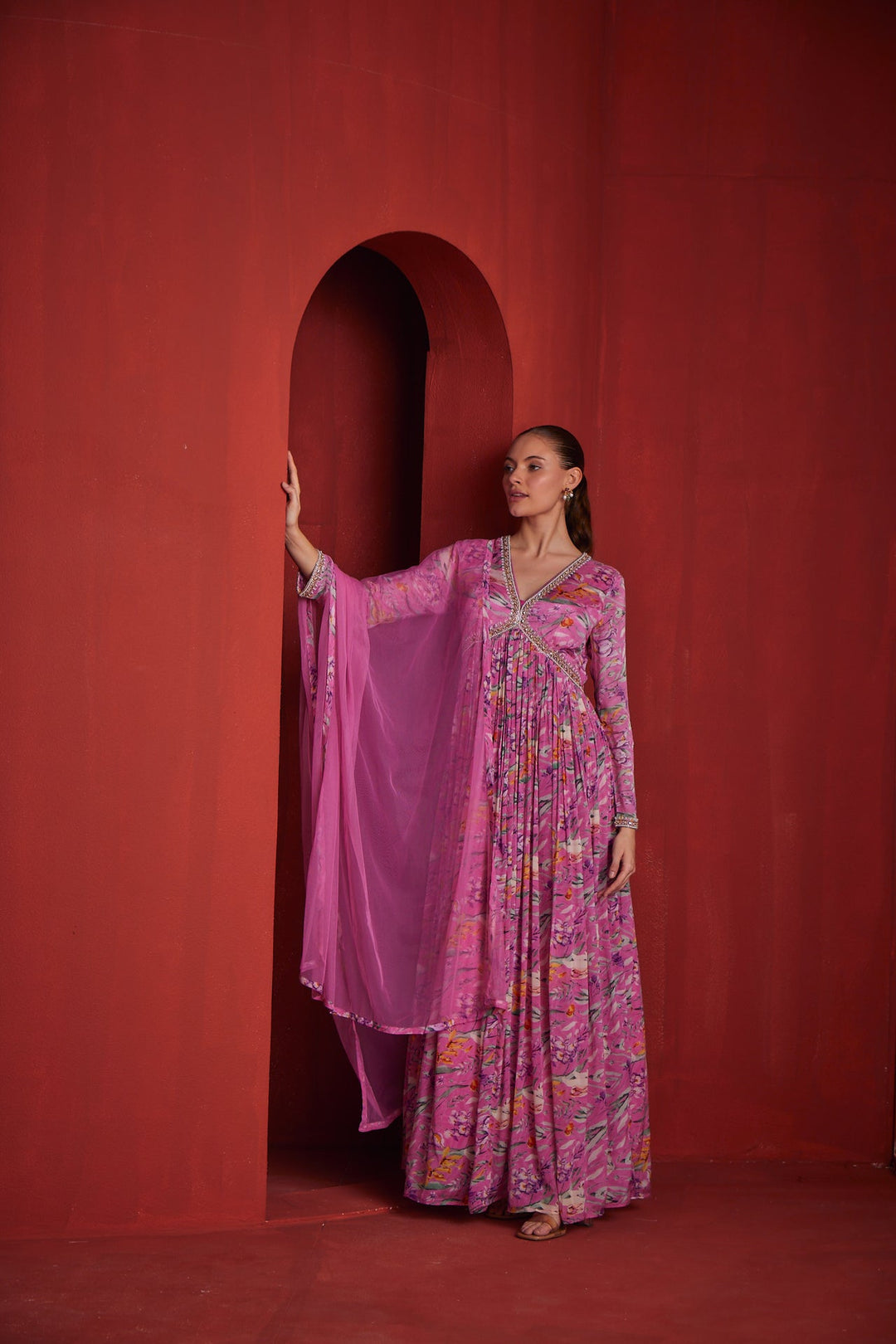 Neerus Pink crepe printed dress - front view
