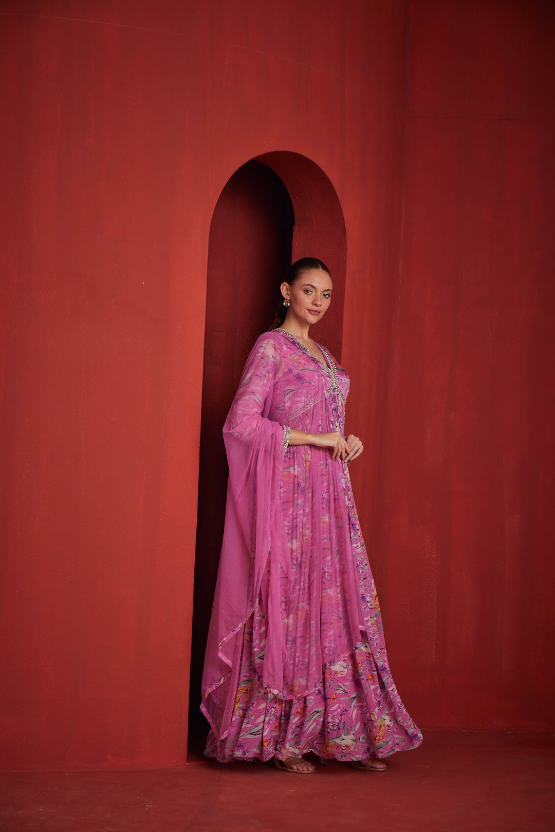 Neerus Pink crepe printed dress - back view