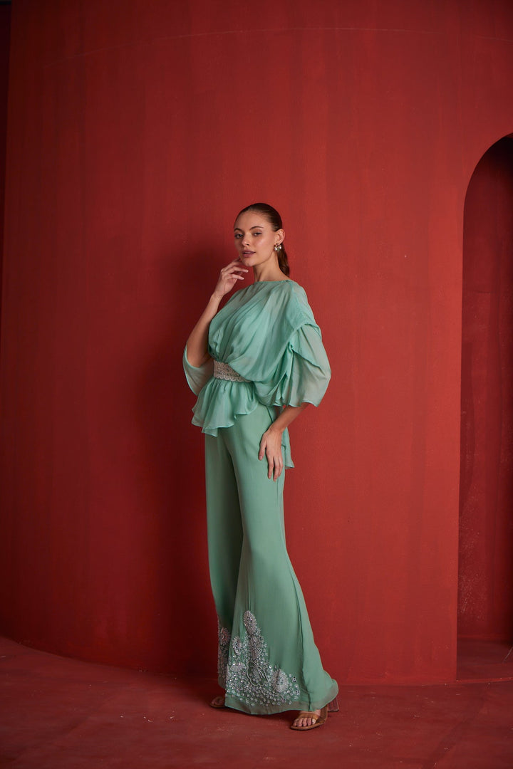 Neerus Green shantoon printed suit set - back view