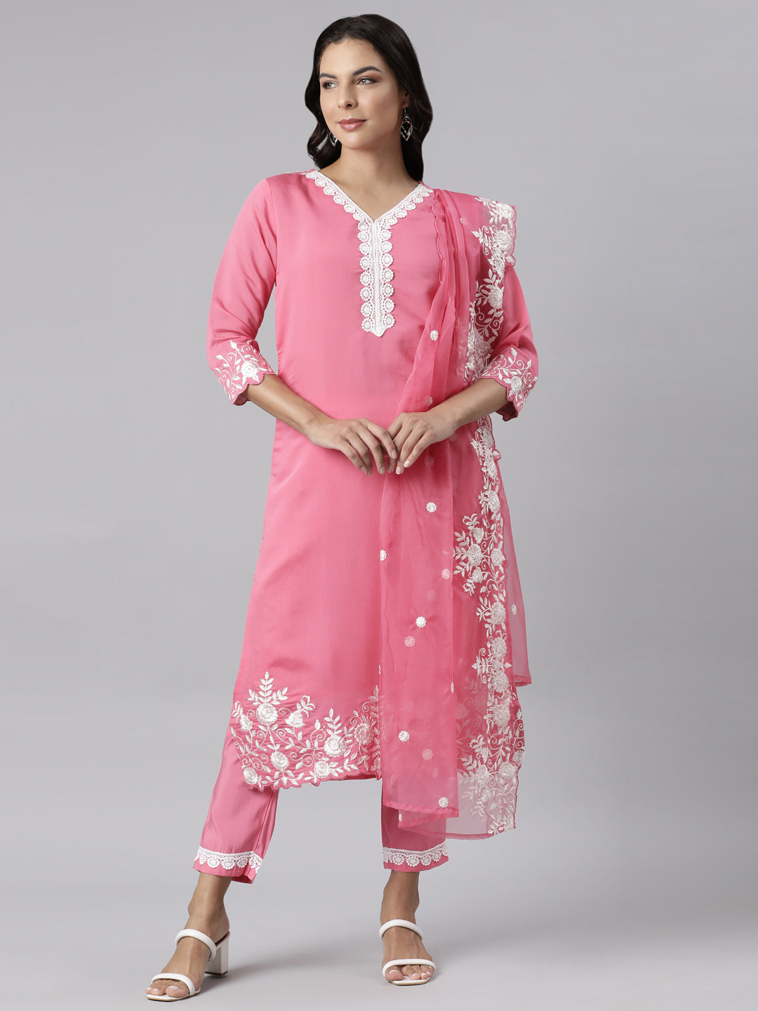Neerus Pink straight suit set panelled yoke kurta with dupatta - front view