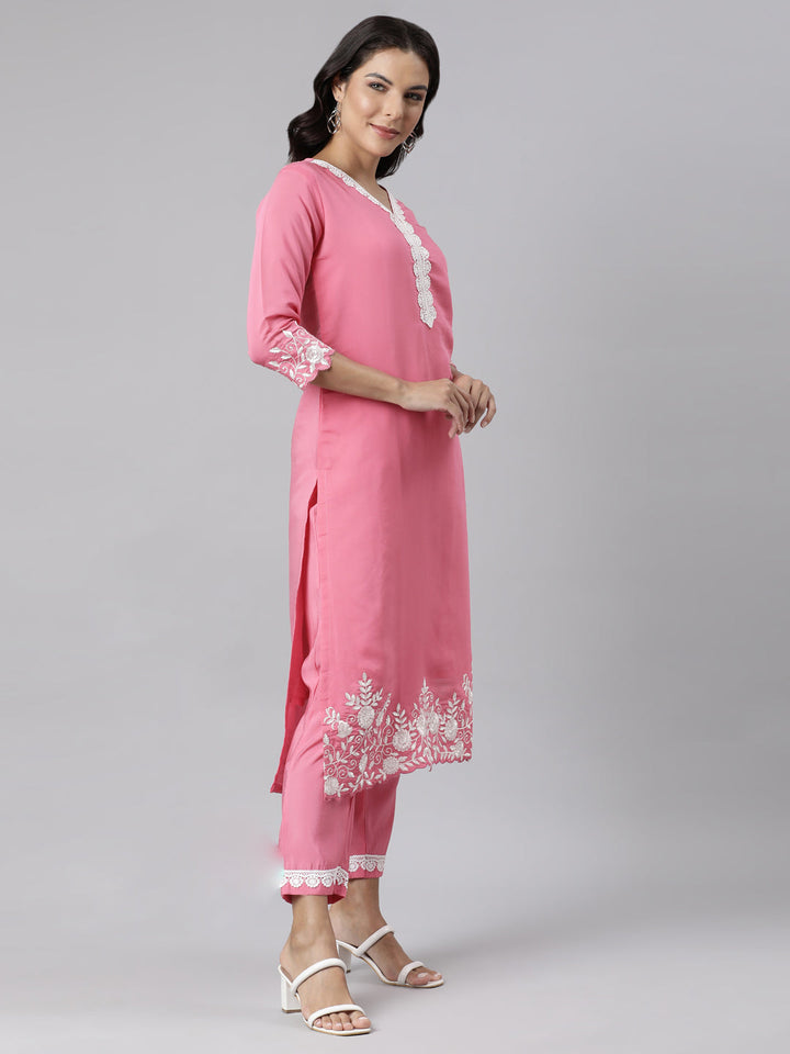Neerus Pink straight suit set panelled yoke kurta with dupatta - side view