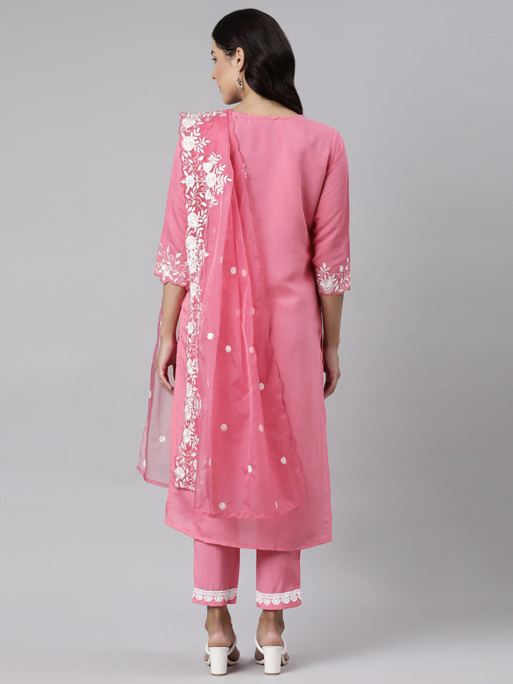 Neerus Pink straight suit set panelled yoke kurta with dupatta - detail view 1