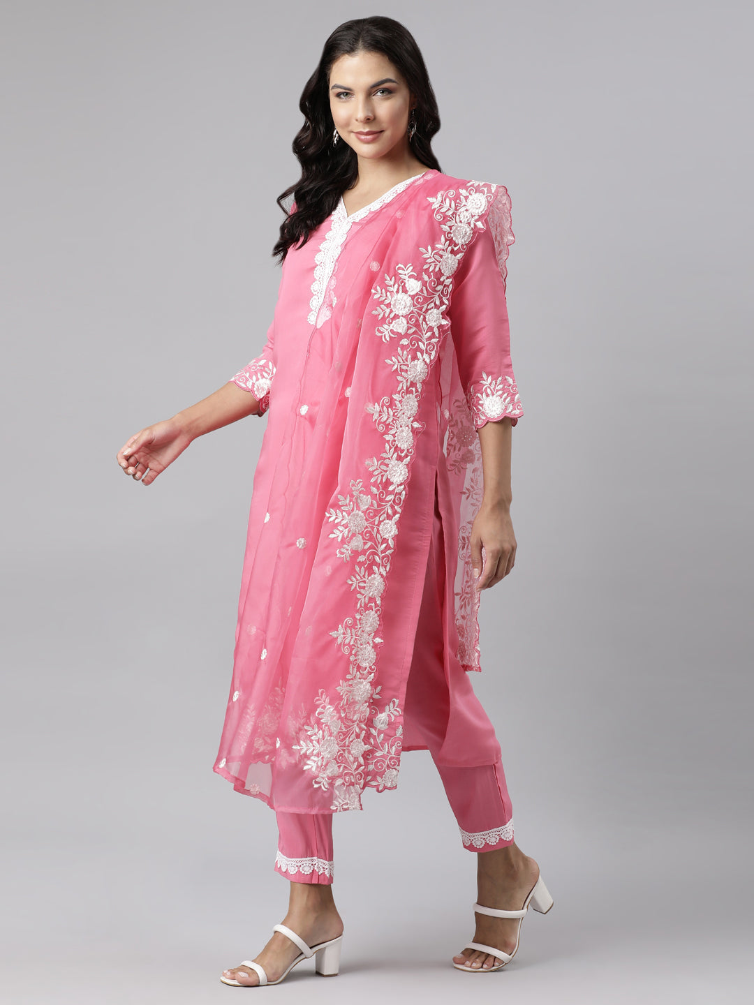 Neerus Pink straight suit set panelled yoke kurta with dupatta - detail view 3