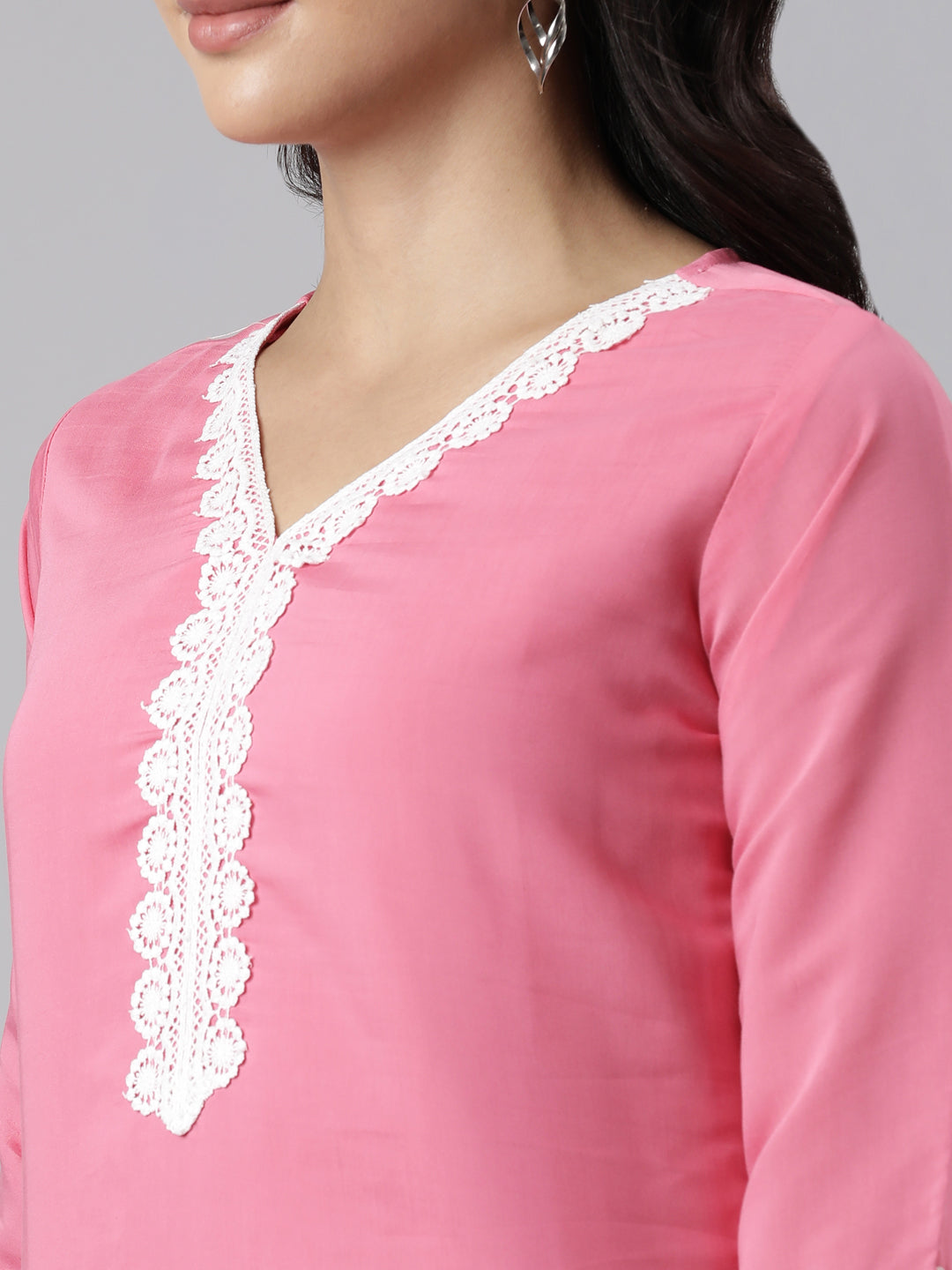 Neerus Pink straight suit set panelled yoke kurta with dupatta - detail view 2