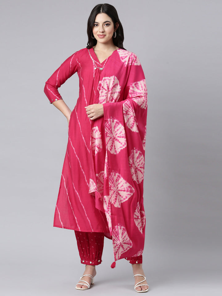 Neerus Pink printed striped straight suit set - front view