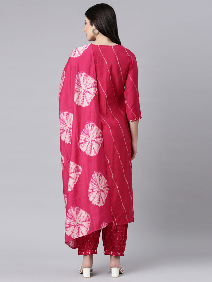 Neerus Pink printed striped straight suit set - side view
