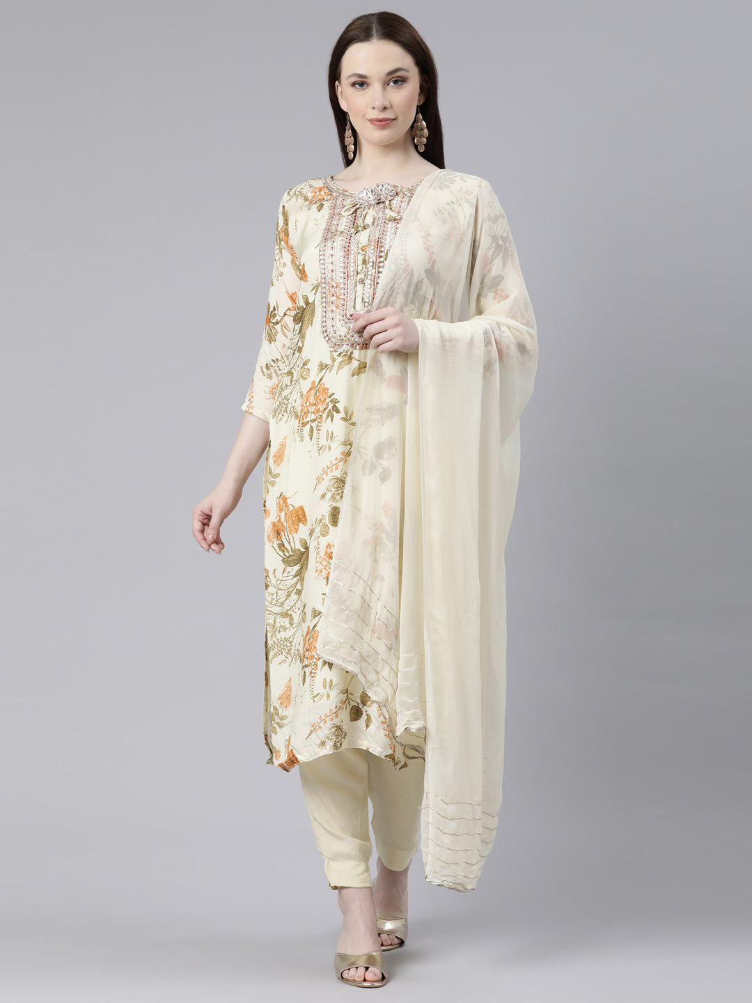 Neerus Beige Viscose Rayon Printed Kurta Set - front view