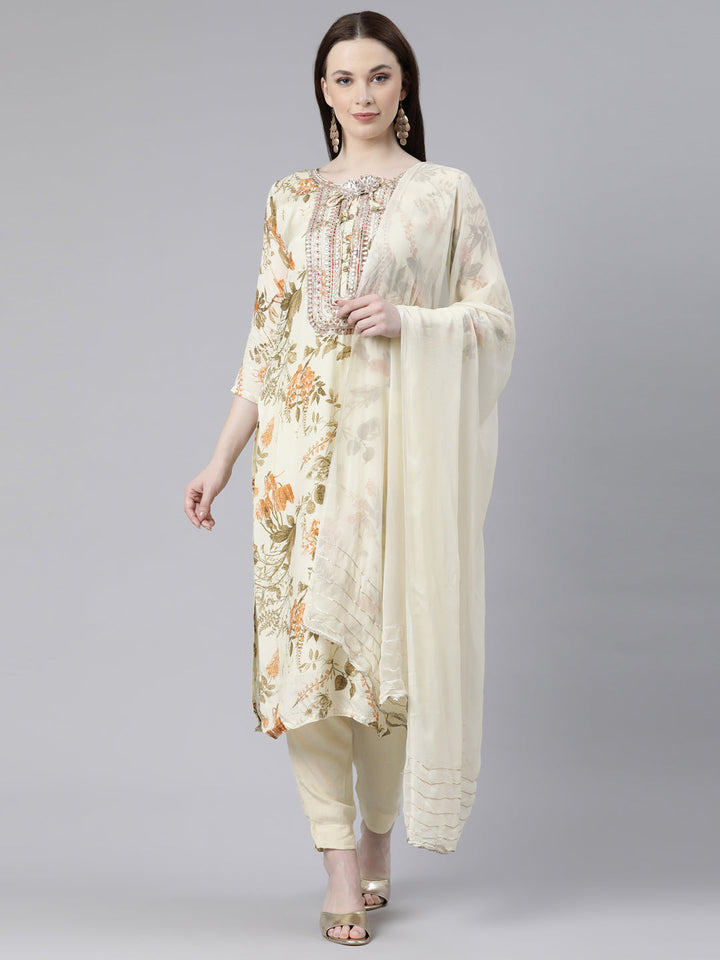 Neerus Beige Viscose Rayon Printed Kurta Set - front view