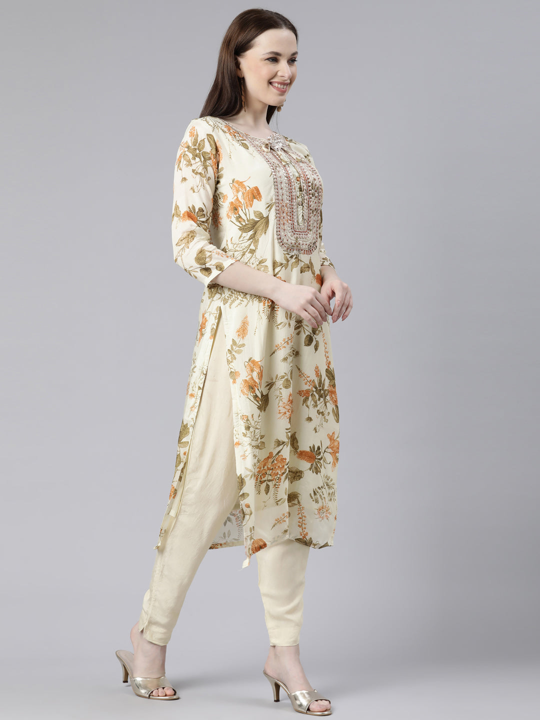 Neerus Beige Viscose Rayon Printed Kurta Set - back view