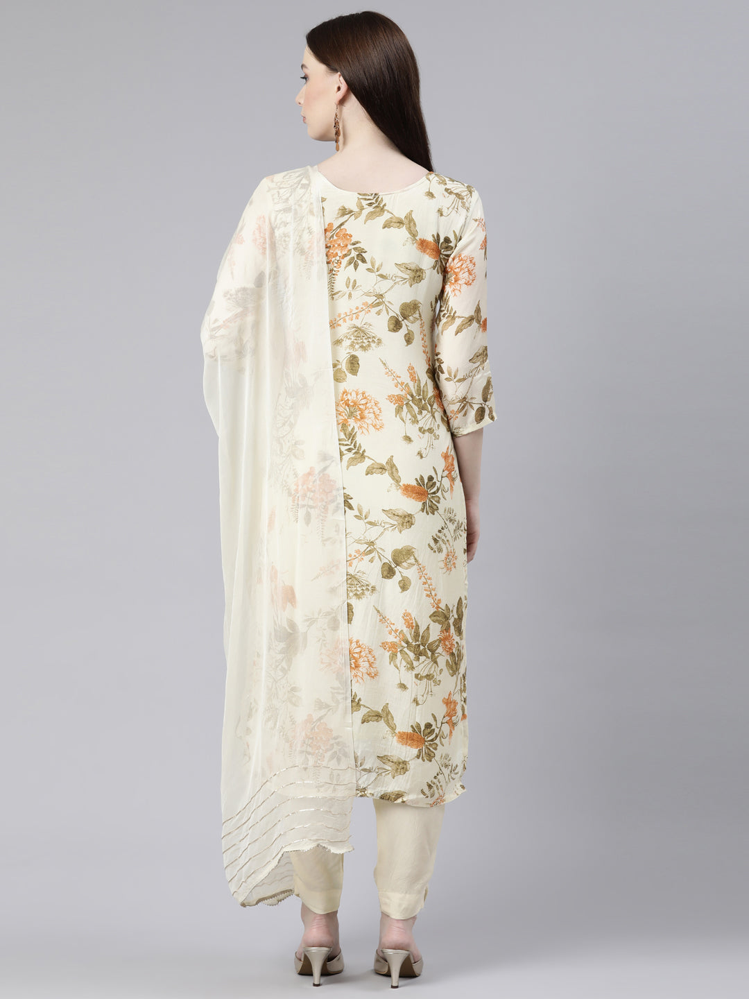 Neerus Beige Viscose Rayon Printed Kurta Set - side view