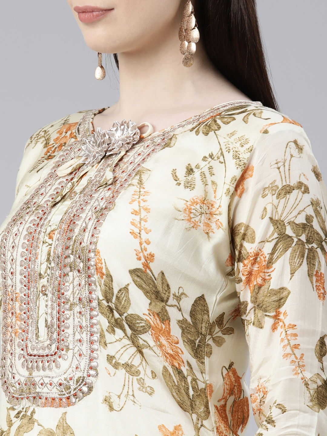 Neerus Beige Viscose Rayon Printed Kurta Set - detail view 1