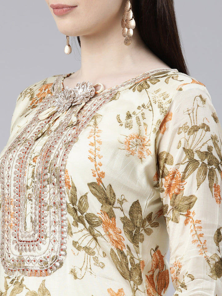Neerus Beige Viscose Rayon Printed Kurta Set - detail view 1
