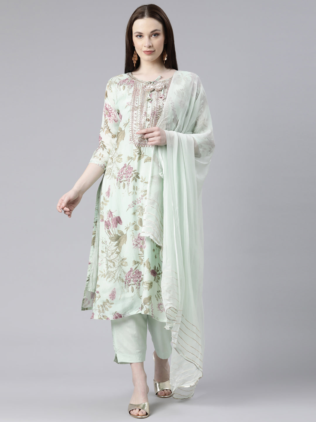 Neerus Green printed kurta set with trousers and dupatta - front view