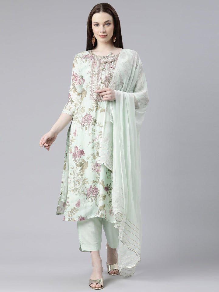 Neerus Green printed kurta set with trousers and dupatta - front view