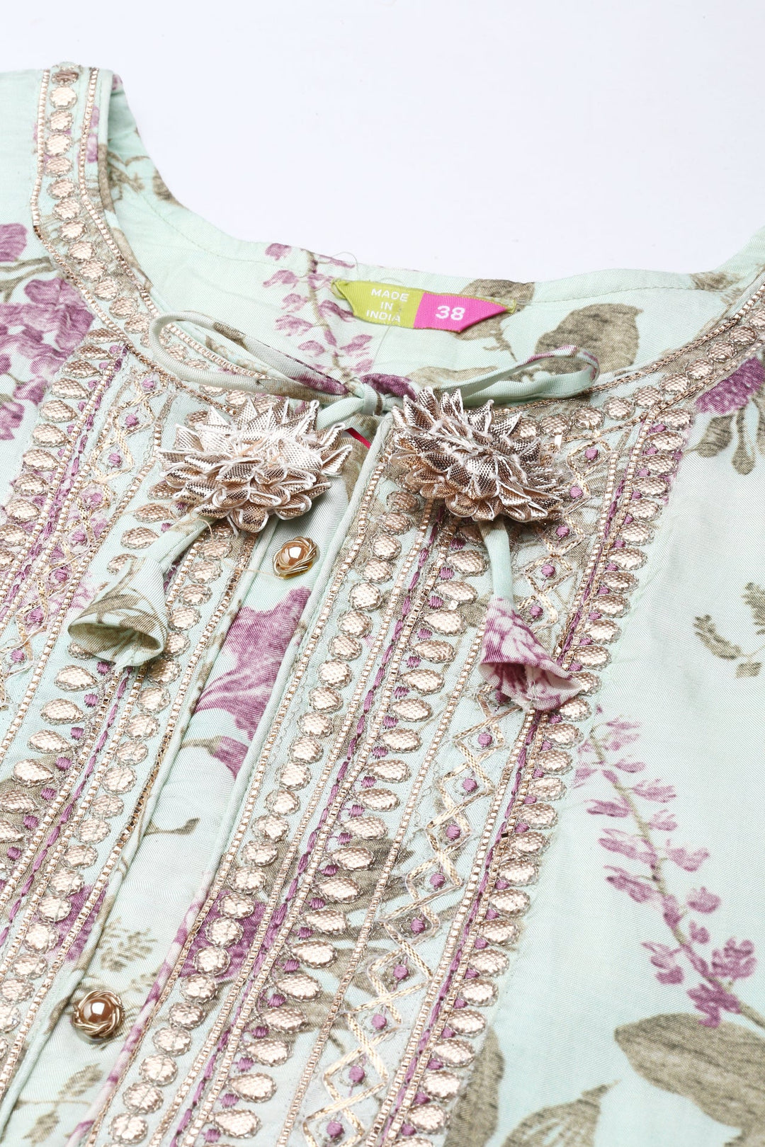 Neerus Green printed kurta set with trousers and dupatta - detail view 2