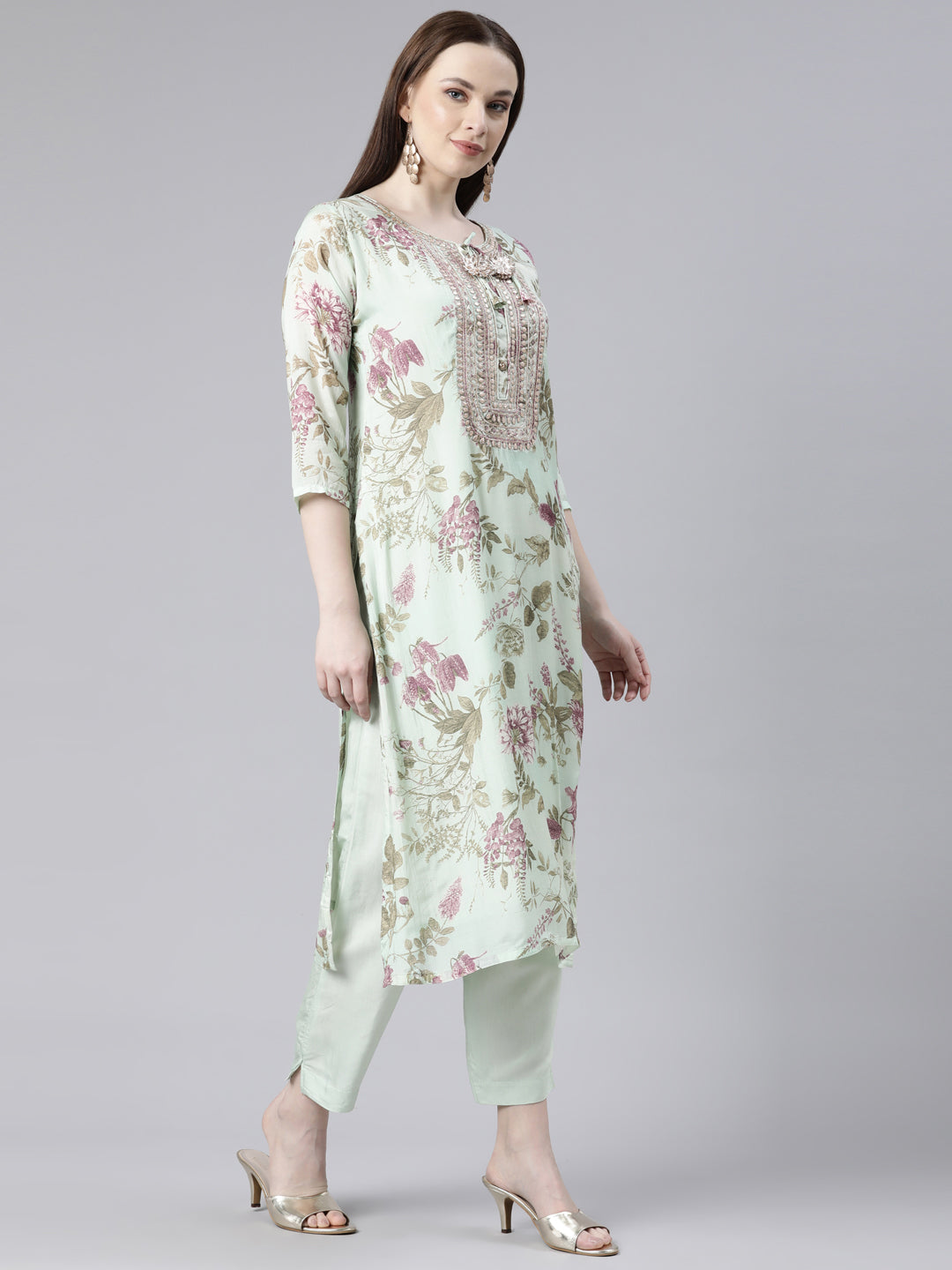 Neerus Green printed kurta set with trousers and dupatta - back view
