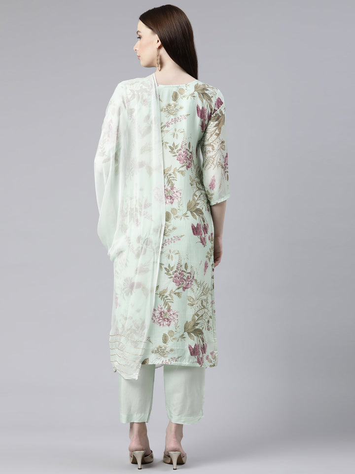Neerus Green printed kurta set with trousers and dupatta - side view