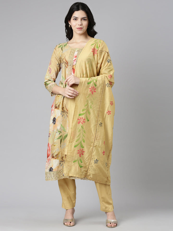 Neerus Yellow printed straight kurta set with dupatta - front view